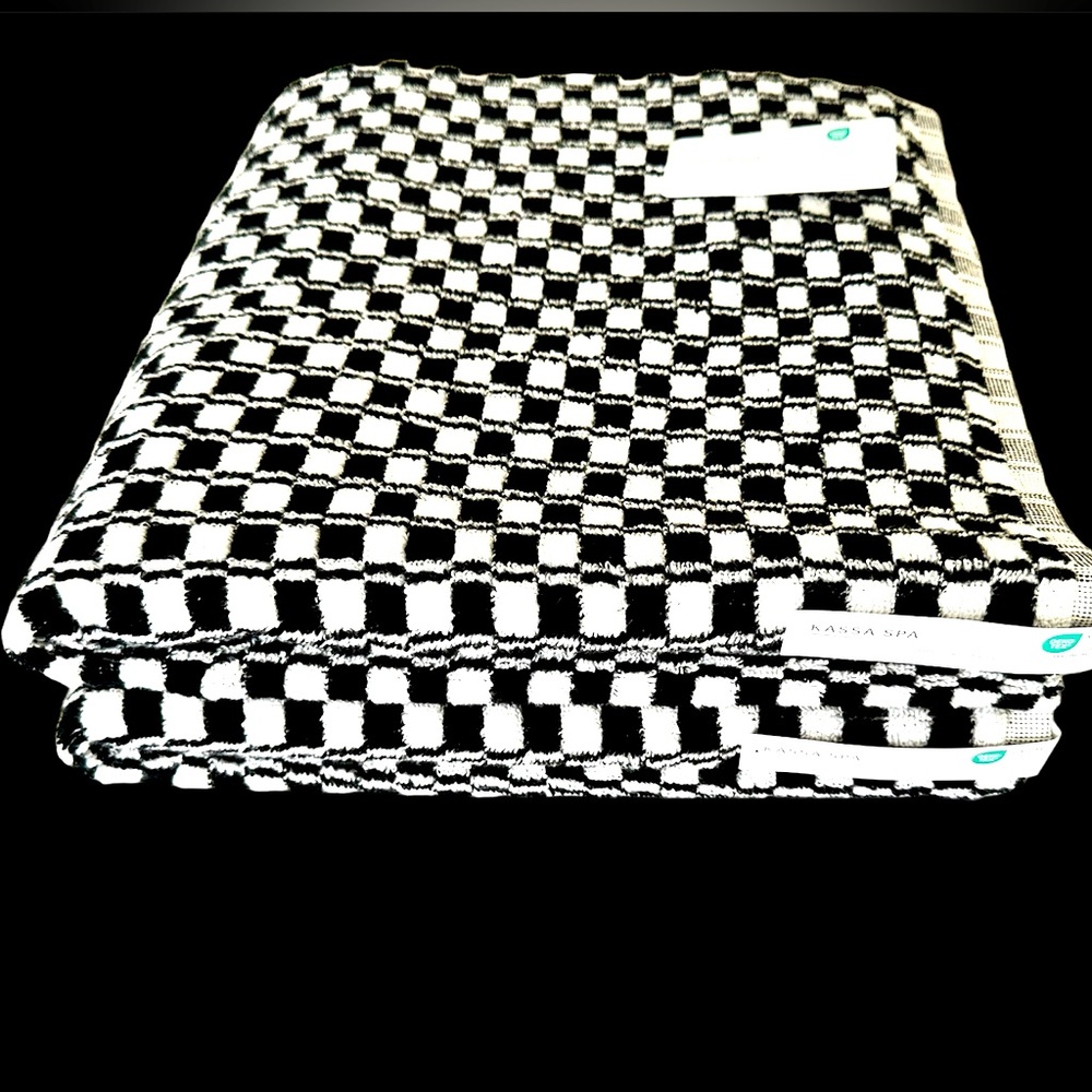Kassa Spa Quick Dry 2 pc Cotton Bath Towels Set  Black & White Checkers NEW